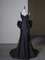 Black Satin Sweetheart Beaded Low Back Party Dress, Black Satin Evening Dress Prom Dress