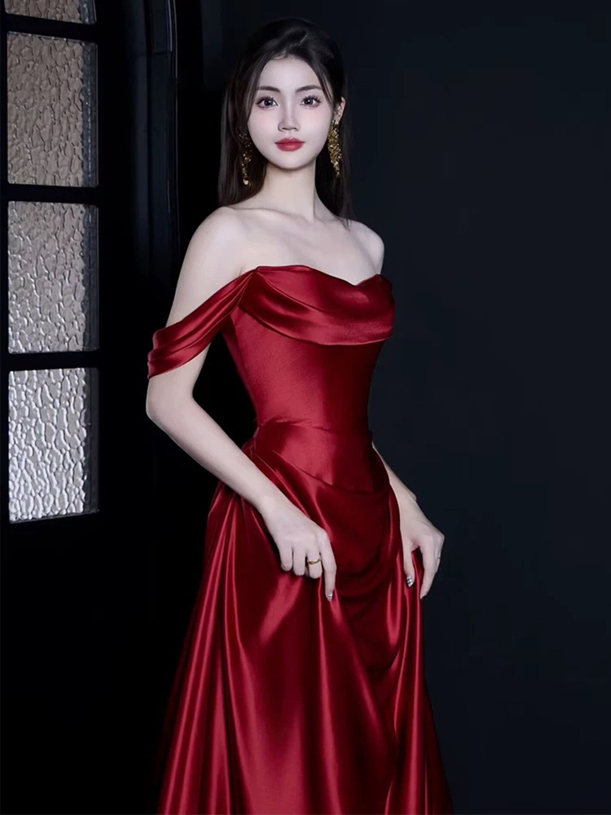 Elegant Off-Shoulder Wine Red Satin Prom Gown, Wine Red A-Line Formal Party Dress