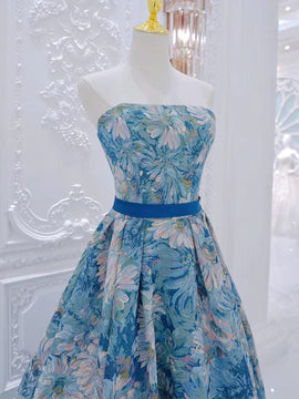 Blue Strapless A-line Floral Long Party Dress, Blue Floral Prom Dress Evening Dress