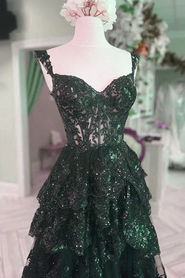 Green Tulle with Lace Straps Layers Party Dress, Green Tulle Prom Dress 