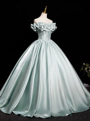 Light Green Beaded Off Shoulder Satin Formal Dress, Light Green Satin Long Evening Dress