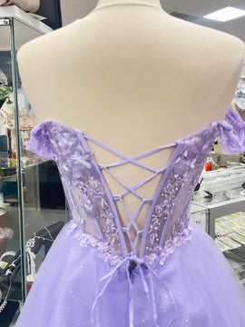 Light Purple Tulle with Lace Applique Party Dress, Off Shoulder Short Formal Dress