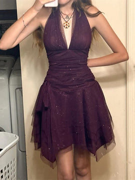 Purple Tulle Halter V-neckline Homecoming Dress, Purple Tulle Short Party Dress