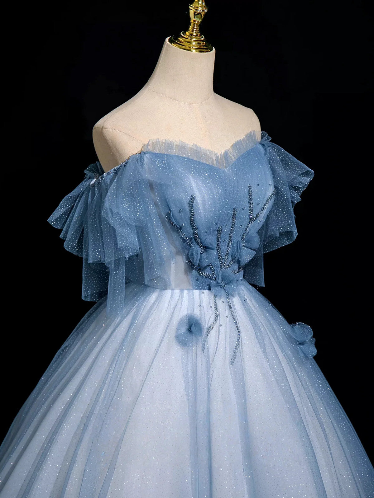 A-line Blue Tulle Off Shoulder Beaded Sweetheart Party Dress, Blue Tulle Long Prom Dress