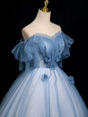 A-line Blue Tulle Off Shoulder Beaded Sweetheart Party Dress, Blue Tulle Long Prom Dress