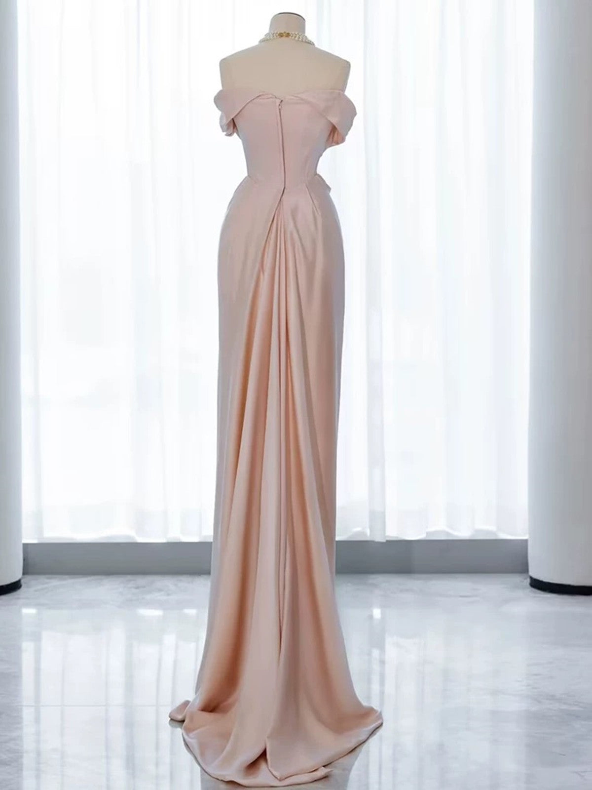 Pink Chic Satin Off Shoulder Long Party Dress, Pink Satin Evening Dress Prom Dress