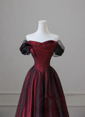 Black and Red Long Party Dress, Off Shoulder Tulle A-line Prom Dress