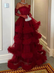 Wine Red Sweetheart Tulle Straps Long Party Dress, Wine Red Tulle A-line Prom Dress Formal Dress