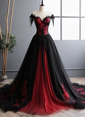 Elegant Black and Red Tulle with Lace Off Shoulder Gown, Black and Red Prom Dress
