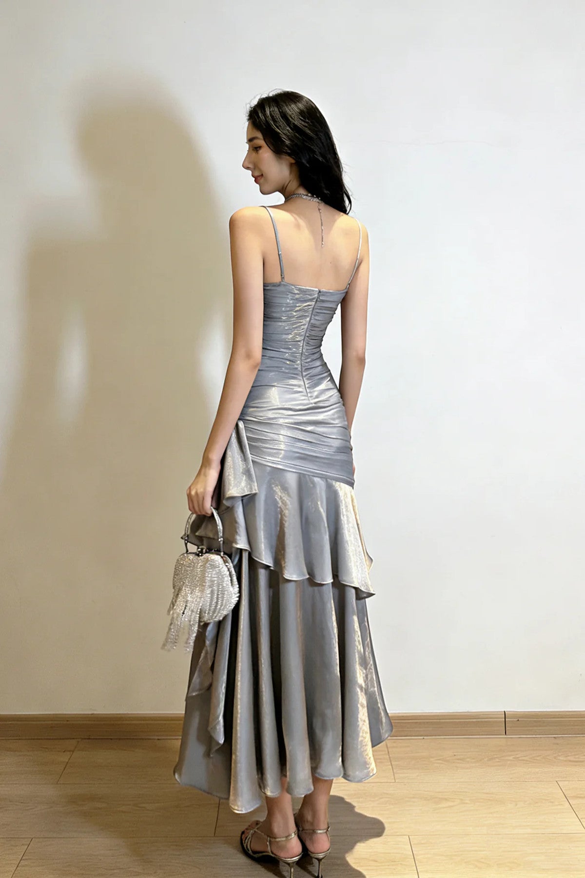 Spaghetti Strap Tiered Ruffle Mermaid Maxi Dress, Sliver Grey Long Prom Dress Party Dress