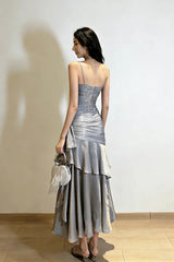 Spaghetti Strap Tiered Ruffle Mermaid Maxi Dress, Sliver Grey Long Prom Dress Party Dress