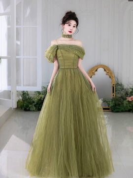 Green Beaded A-line Off Shoulder Tulle Formal Dress, Green Long Evening Dress Prom Dress