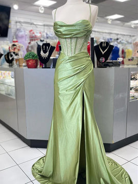 Green Satin Sweetheart Beaded Long Party Dress with Leg Slit, Green Satin Prom Dress