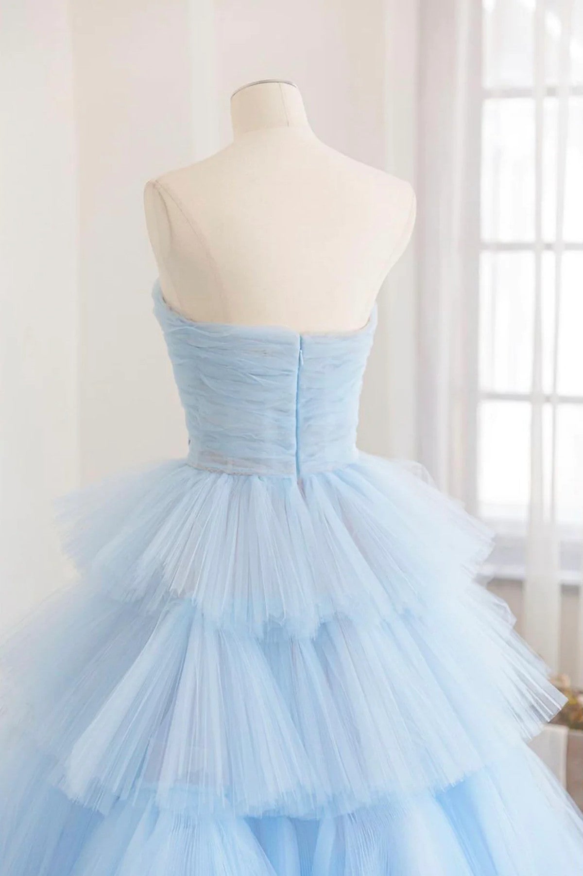 Blue Tulle Scoop Layers Long Party Dress, Blue Tulle Formal Dress