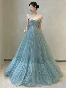 Light Blue Tulle Sweetheart Simple A-line Party Dress, Blue Tulle Off Shoulder Prom Dress