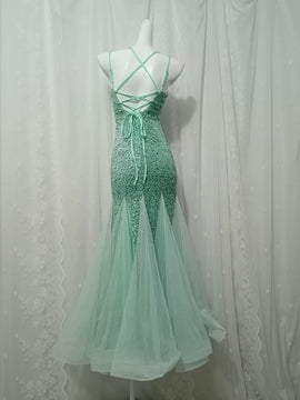 Light Green Sequins and Tulle Halter Backless Party Dress, Light Green Prom Dress