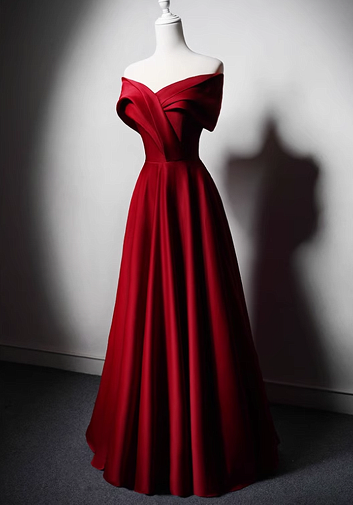 Wine Red Satin Off Shoulder Long Party Dress with Leg Slit, Wine Red Prom Dress main image 1