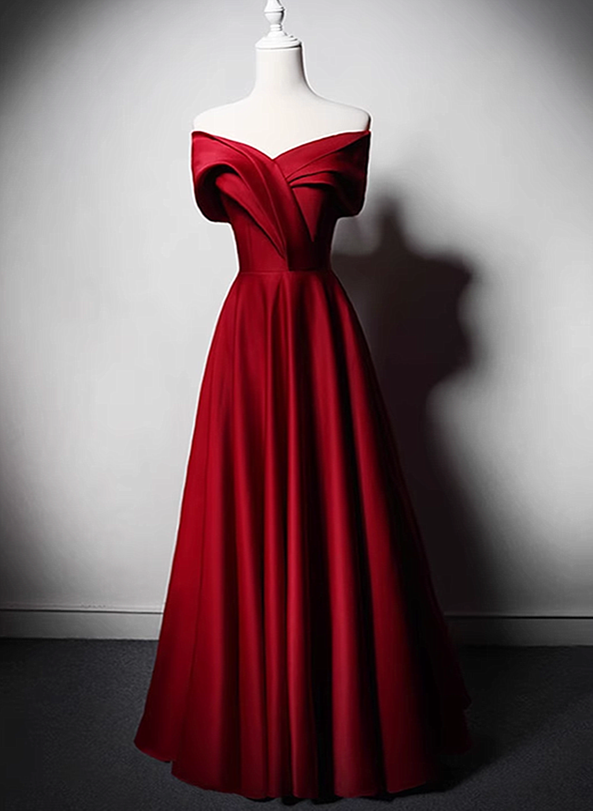 Wine Red Satin Off Shoulder Long Party Dress, A-line Wine Red Floor Length Prom Dress