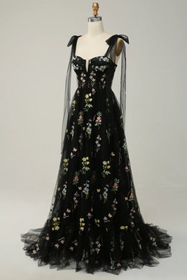 Black Floral Tulle Straps A-line Long Party Dress, Black Tulle Prom Dress Evening Dress