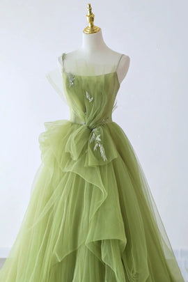 Light Green Tulle Beaded Long Prom Dress, Light Green Evening Dress