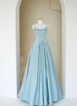 Blue A-line Satin Beaded Long Prom Dress, Blue Evening Dress Formal Dress