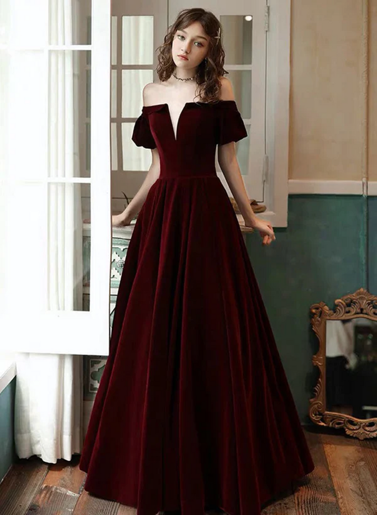 Wine Red Velvet Off Shoulder Long Party Dress, A-line Velvet Long Prom