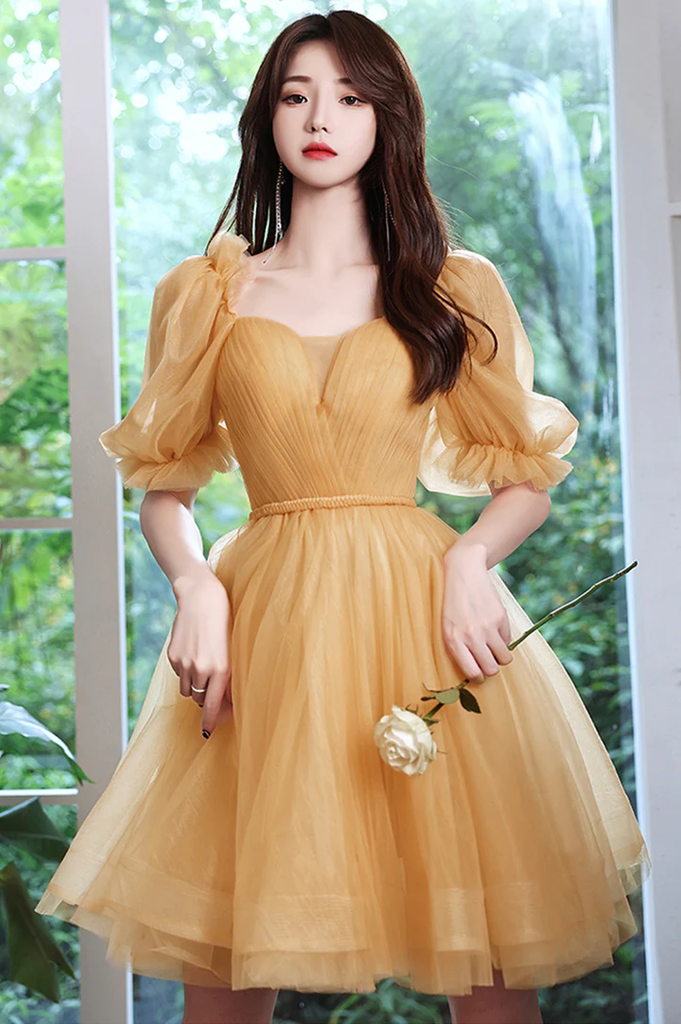 Lovely Yellow Tulle Short Party Dresss, Yellow Short Homecoming Dress