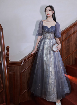 Lovely Short Sleeves Tulle with Lace Formal Dress, A-line Evening Dress Party Dress