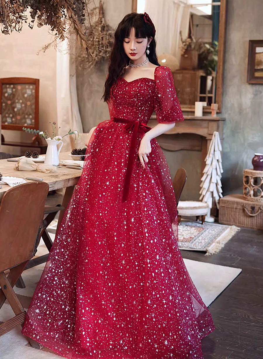 dark red prom dress with sleeves Red Long Sleeves Mermaid Prom Dress With Slit PD0168