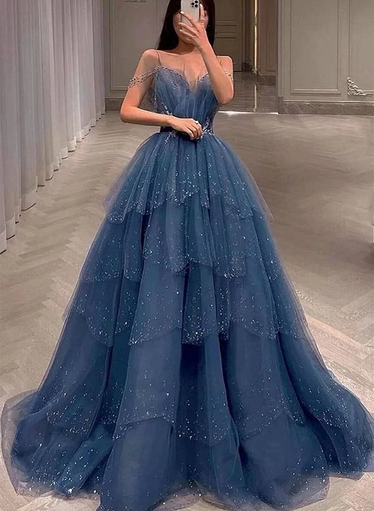 Straps Blue A-line Layers Long Formal Gown