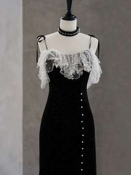Black Tea Length Straps Beaded Formal Dress, Black Party Dress Evening Dress