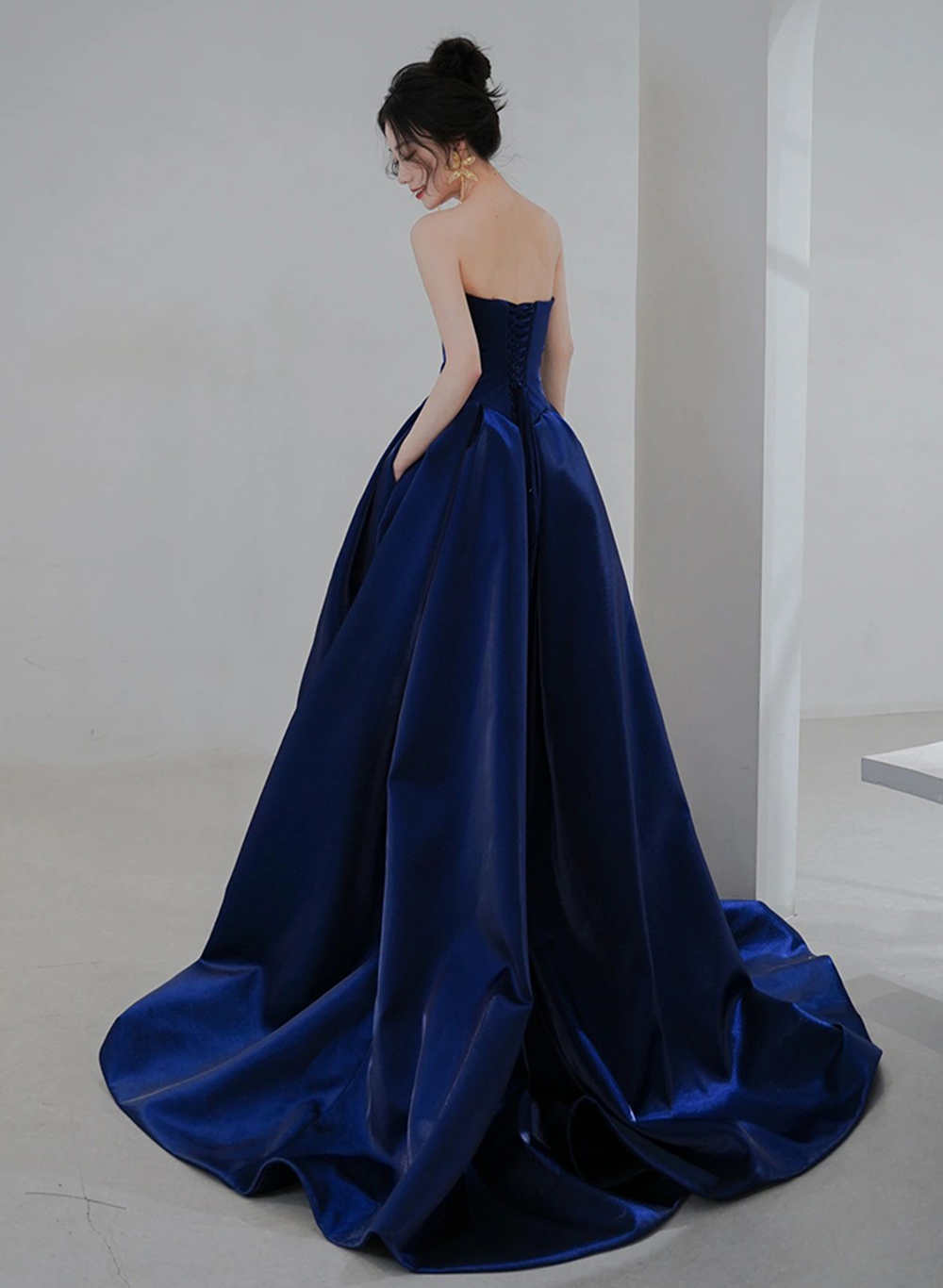 Navy Blue Simple Satin A-line Long Prom Dress, Navy Blue Formal Dress Cutedressy Navy Blue Simple Satin A-line Long Prom Dress, Navy Blue Formal Dress Cutedressy