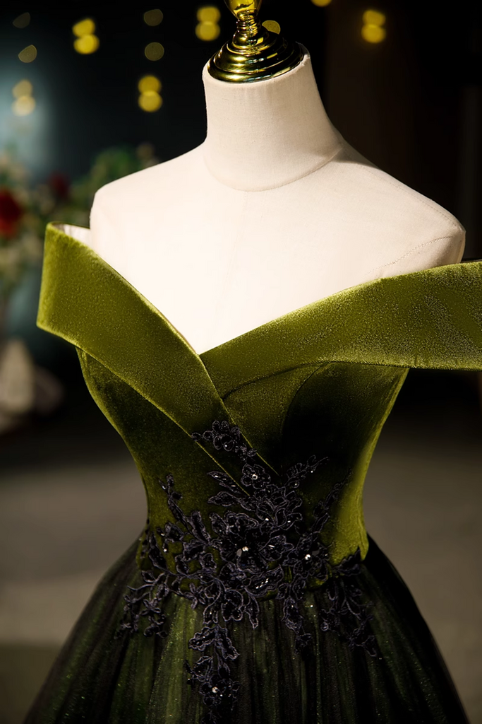 Green V-neckline Velvet Top and Tulle Long Party Dress main image 0