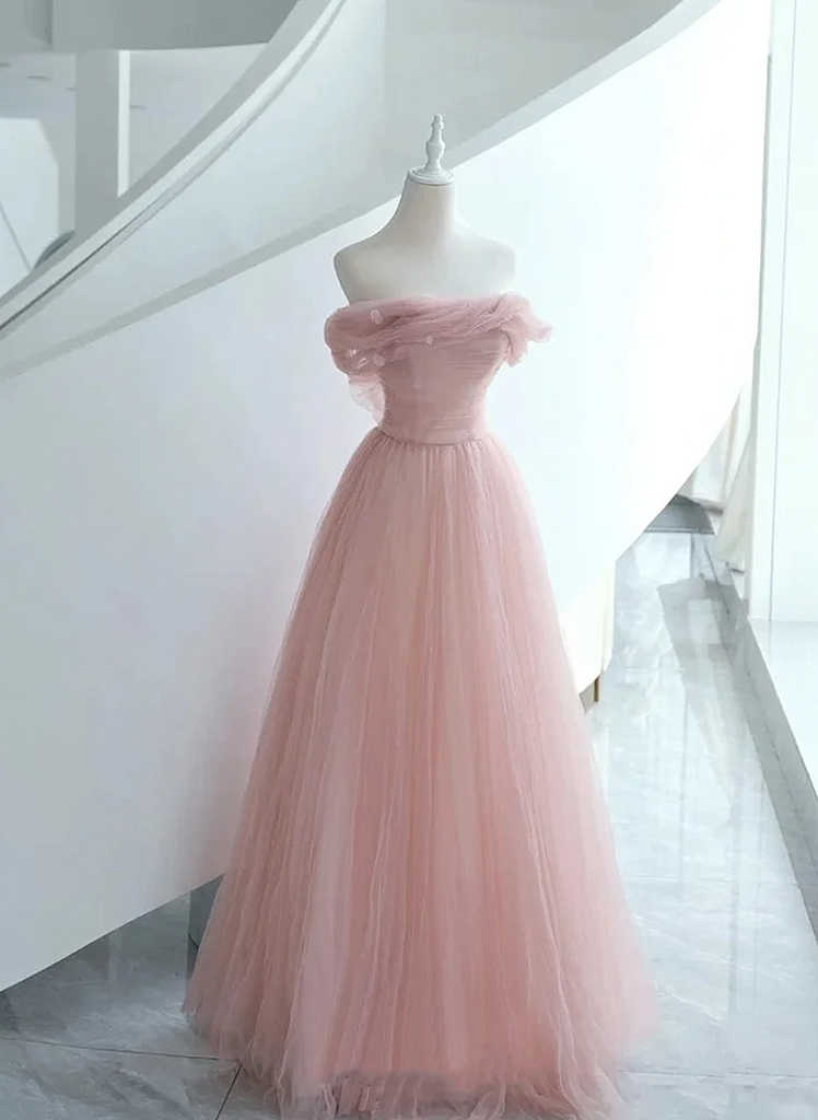 Pink Tulle Scoop A-line Floor Length Party Dress, Pink Off Shoulder Fo