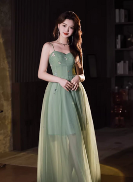 Green Tulle Straps Sweetheart Long Formal Dress, Light Green A-line Prom Dress