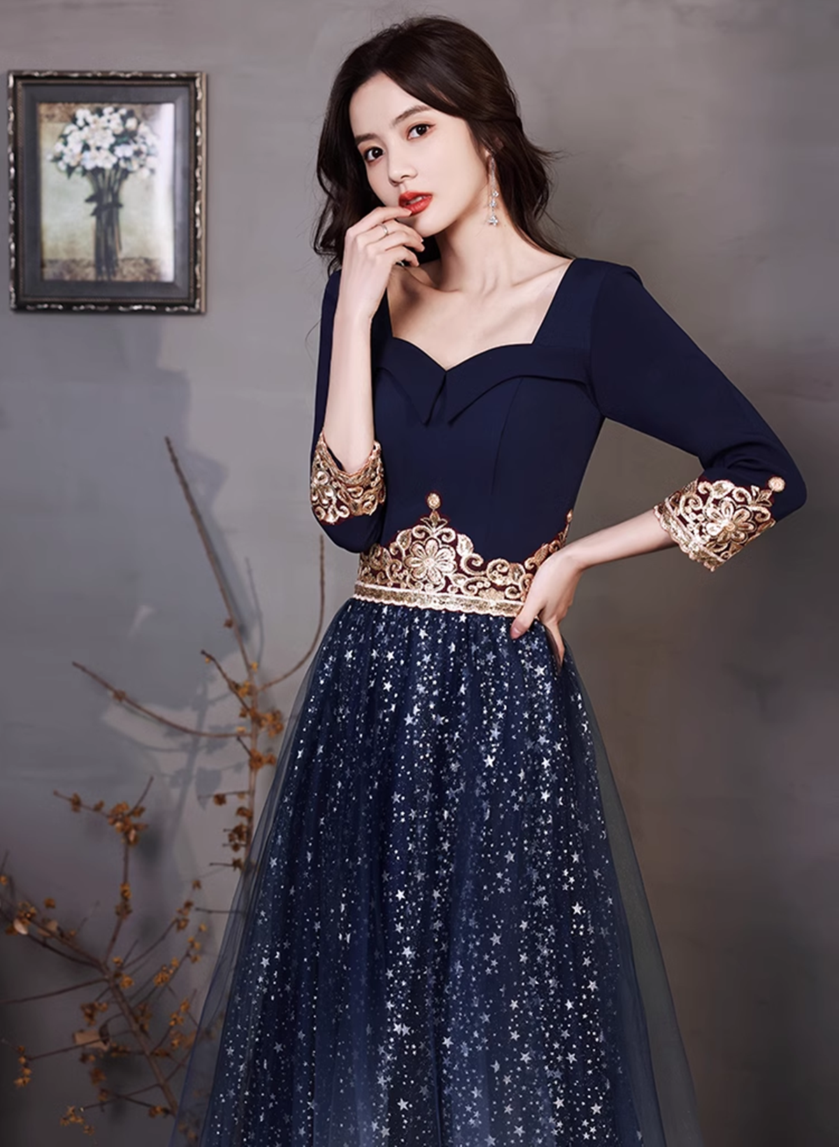 Navy Blue A-line Short Sleeves Floor Length Party Dress, Navy Blue Bri Cutedressy Navy Blue A-line Short Sleeves Floor Length Party Dress, Navy Blue Bri Cutedressy