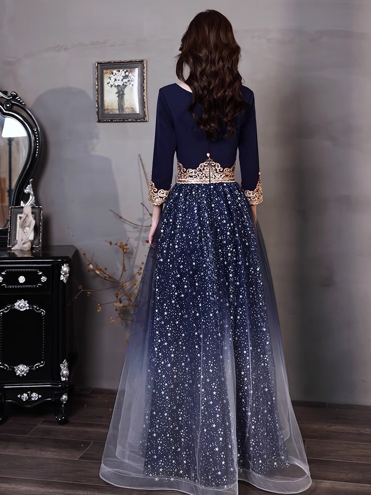 Navy Blue A-line Short Sleeves Floor Length Party Dress, Navy Blue Bri