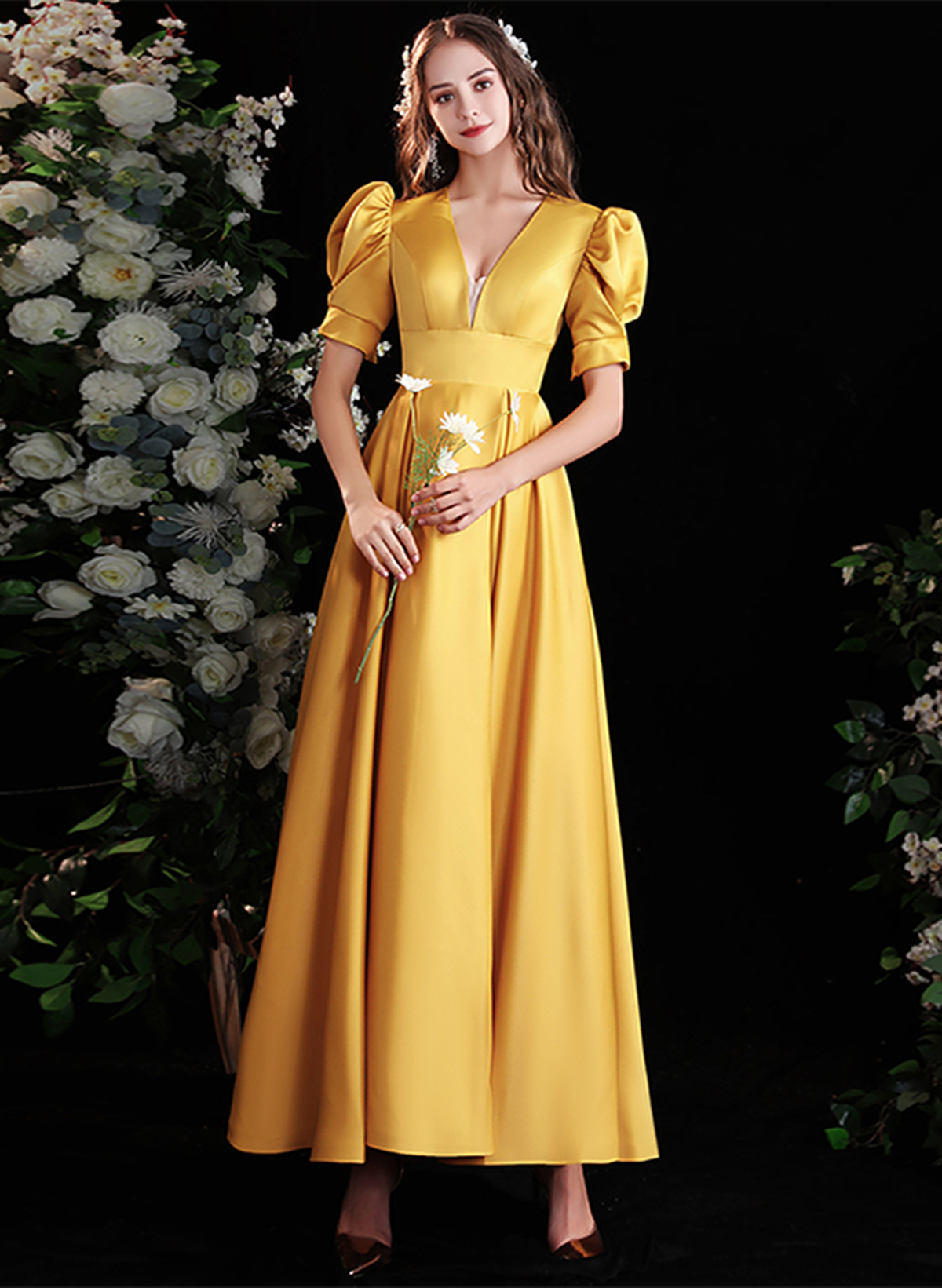 Yellow Satin A-line Long Prom Dress with Sleeves, Yellow Floor Length Cutedressy Yellow Satin A-line Long Prom Dress with Sleeves, Yellow Floor Length Cutedressy