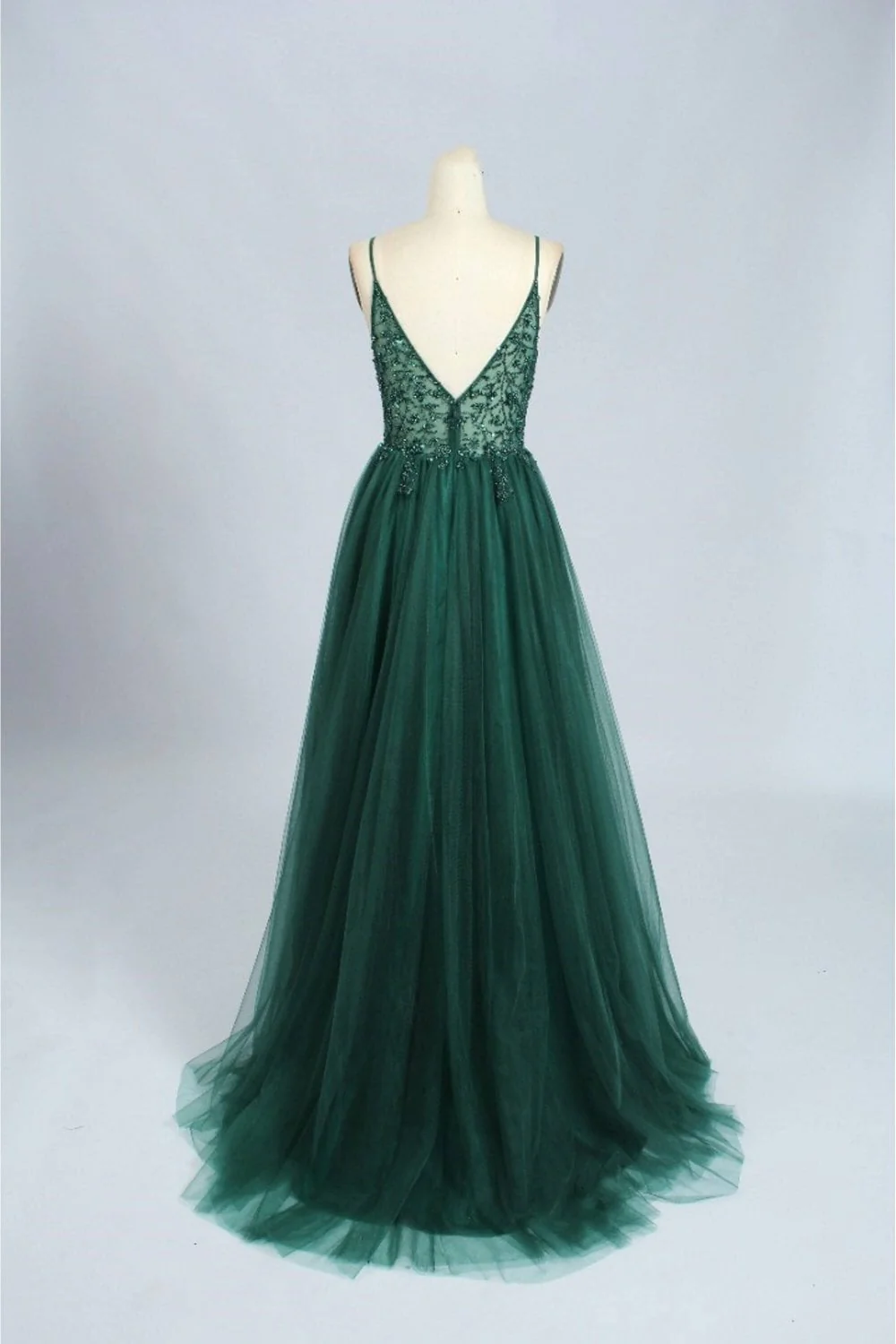 Green V-neckline Beaded Tulle Floor Length Party Dress, A-line Green Prom Dress