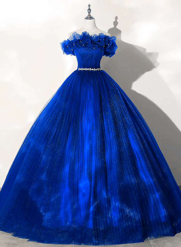 Royal Blue Off Shoulder Beaded Ball Gown Dress, Royal Blue Sweet 16 Dr