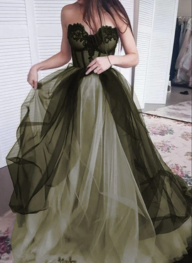 Black and Green Sweetheart Tulle with Lace Formal Dress, A-line Lace-up Prom Dress