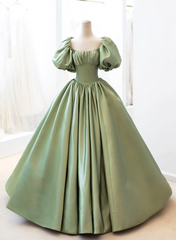 Green Satin Short Sleeves Ball Gown Long Formal Dress, Green Sweet 16 Dress