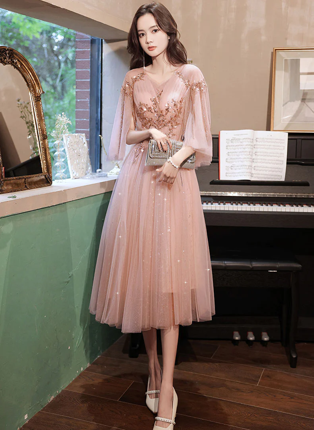 Pink Tulle Beaded Tea Length Wedding Party Dress, Pink Tulle Short Homecoming Dress