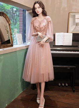 Pink Tulle Beaded Tea Length Wedding Party Dress, Pink Tulle Short Homecoming Dress