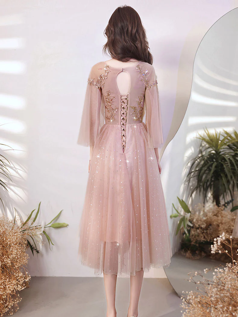 Pink Tulle Beaded Tea Length Wedding Party Dress, Pink Tulle Short Hom Cutedressy Pink Tulle Beaded Tea Length Wedding Party Dress, Pink Tulle Short Hom Cutedressy