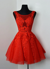 Red Lace Round Neckline Short Party Dress, Red Short Homecoming Dress