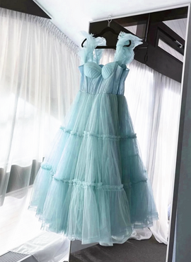 Light Blue Tulle Straps Long Party Dress Evening Dress, Light Blue A-line Prom Dress