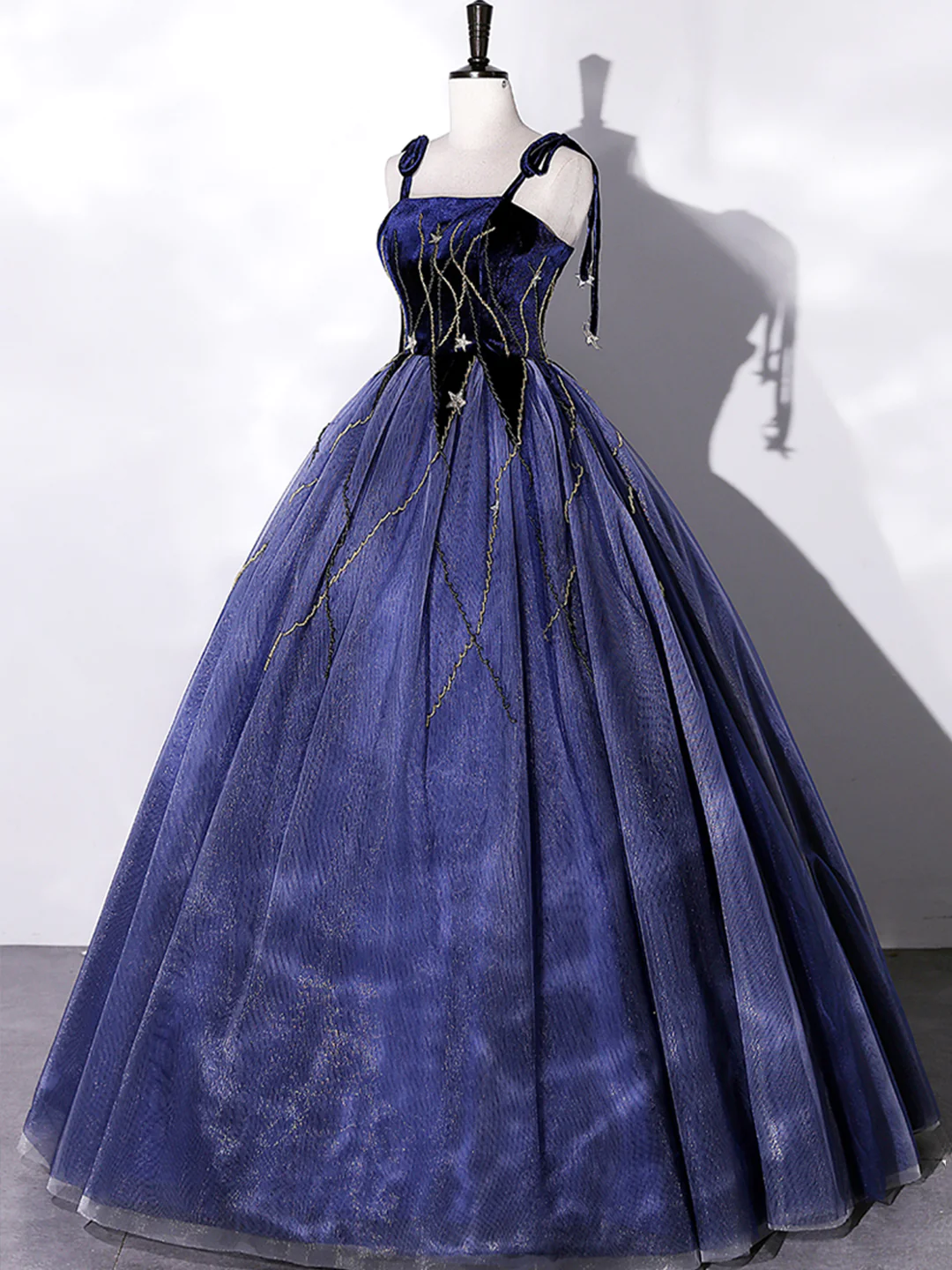 Navy Blue Tulle and Velvet Long Prom Dress, A-Line Straps Evening Party Dress