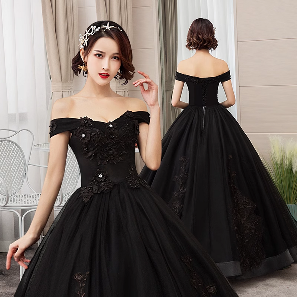 Black Sweetheart Tulle Ball Gown Off Shoulder Party Dress, Black Sweet