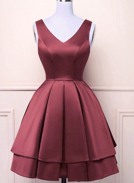 Wine Red Satin V-neckline Short Party Dress, Wine Red Homecoming Dress